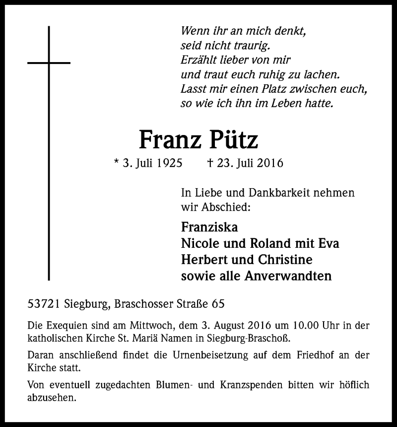  Traueranzeige für Franz Pütz vom 30.07.2016 aus Kölner Stadt-Anzeiger / Kölnische Rundschau / Express