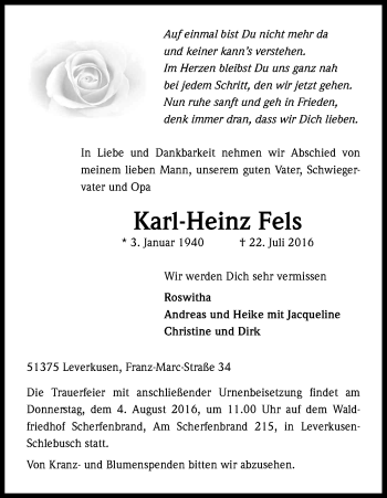 Anzeige von Karl-Heinz Fels von Kölner Stadt-Anzeiger / Kölnische Rundschau / Express
