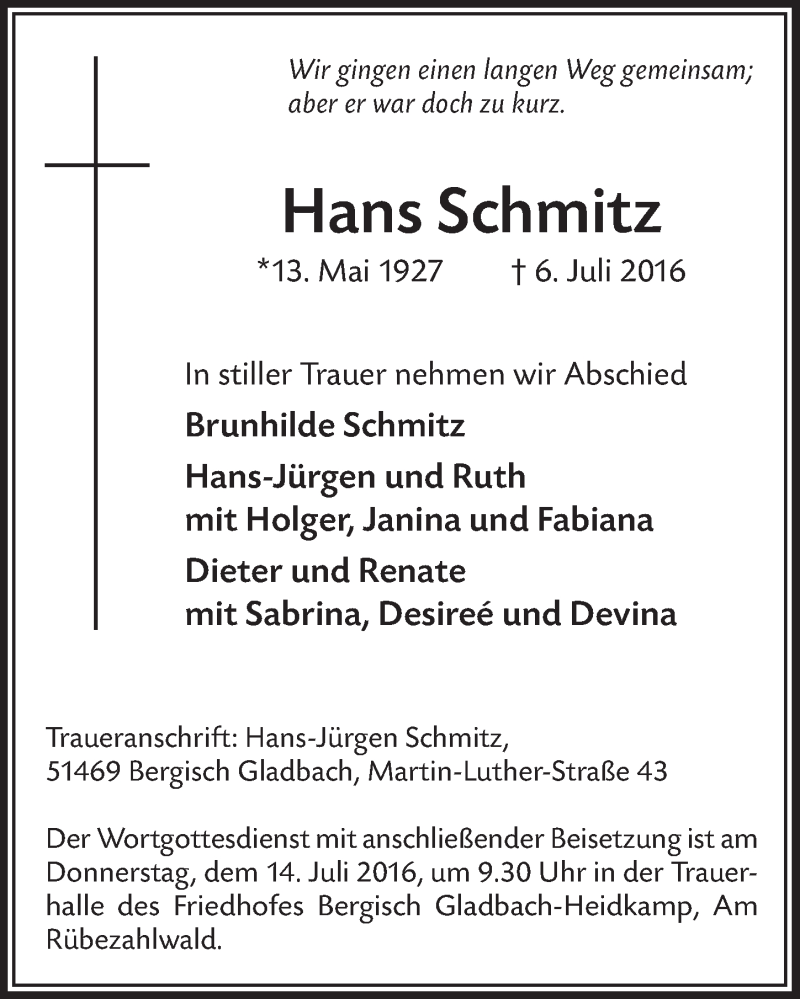  Traueranzeige für Hans Schmitz vom 13.07.2016 aus  Bergisches Handelsblatt 