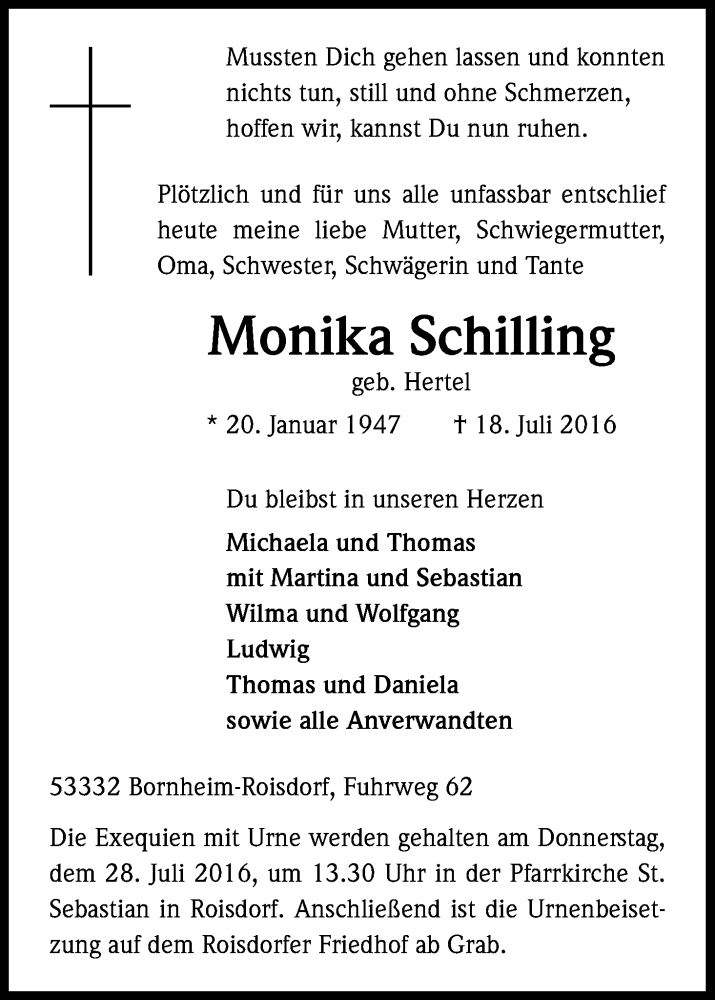  Traueranzeige für Monika Schilling vom 23.07.2016 aus Kölner Stadt-Anzeiger / Kölnische Rundschau / Express