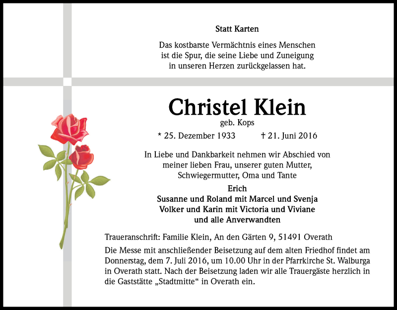  Traueranzeige für Christel Klein vom 02.07.2016 aus Kölner Stadt-Anzeiger / Kölnische Rundschau / Express