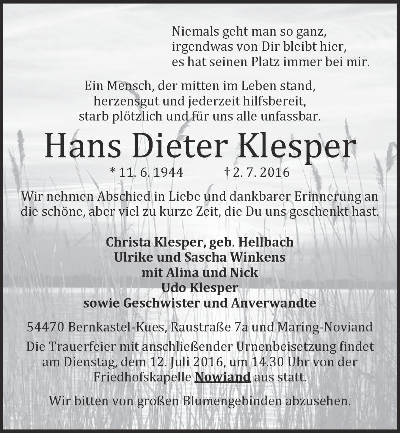  Traueranzeige für Hans Dieter Klesper vom 09.07.2016 aus  Mülheimer  Wochenende 