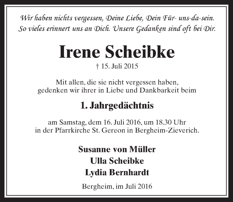  Traueranzeige für Irene Scheibke vom 13.07.2016 aus  Werbepost 