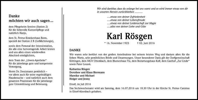  Traueranzeige für Karl Rösgen vom 09.07.2016 aus Kölner Stadt-Anzeiger / Kölnische Rundschau / Express