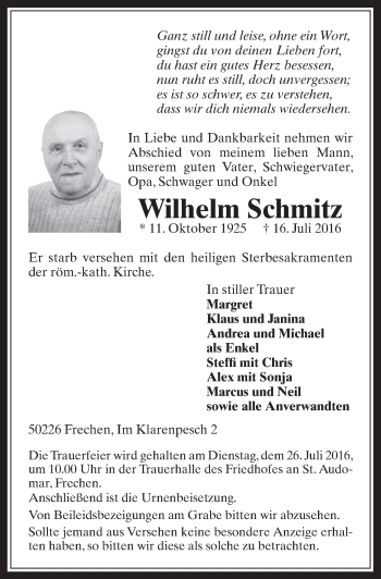 Anzeige von Wilhelm Schmitz von  Wochenende 