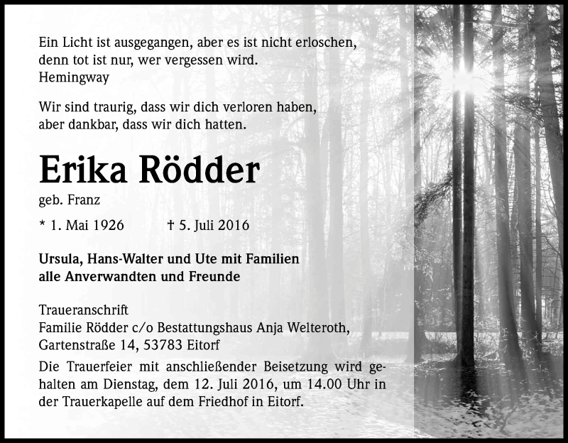  Traueranzeige für Erika Rödder vom 08.07.2016 aus Kölner Stadt-Anzeiger / Kölnische Rundschau / Express