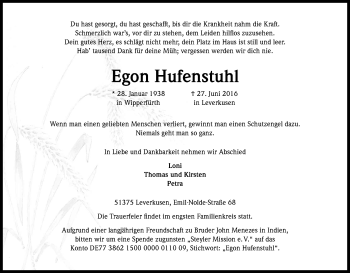 Anzeige von Egon Hufenstuhl von Kölner Stadt-Anzeiger / Kölnische Rundschau / Express