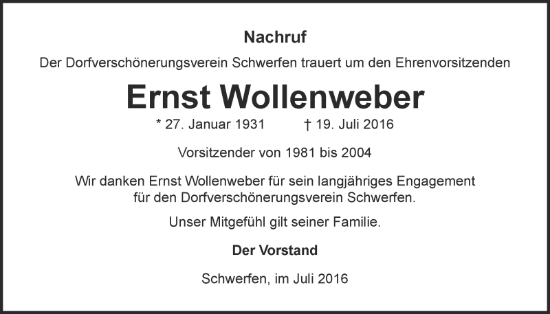  Traueranzeige für Ernst Wollenweber vom 30.07.2016 aus  Blickpunkt Euskirchen 