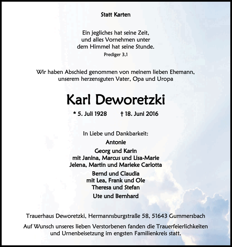  Traueranzeige für Karl Deworetzki vom 02.07.2016 aus Kölner Stadt-Anzeiger / Kölnische Rundschau / Express