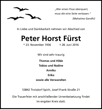 Anzeige von Peter Horst Fürst von Kölner Stadt-Anzeiger / Kölnische Rundschau / Express
