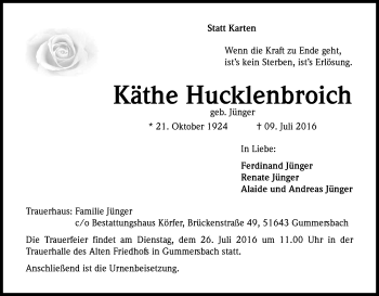 Anzeige von Käthe Hucklenbroich von Kölner Stadt-Anzeiger / Kölnische Rundschau / Express