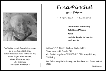 Anzeige von Erna Pirschel von Kölner Stadt-Anzeiger / Kölnische Rundschau / Express
