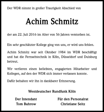 Anzeige von Achim Schmitz von Kölner Stadt-Anzeiger / Kölnische Rundschau / Express