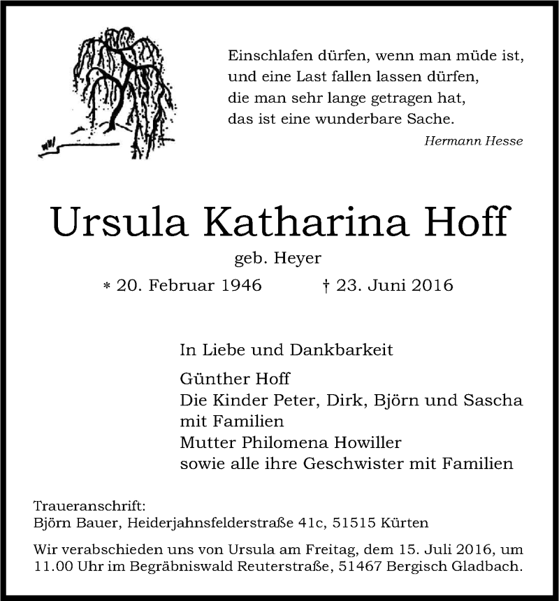  Traueranzeige für Ursula Katharina Hoff vom 02.07.2016 aus Kölner Stadt-Anzeiger / Kölnische Rundschau / Express