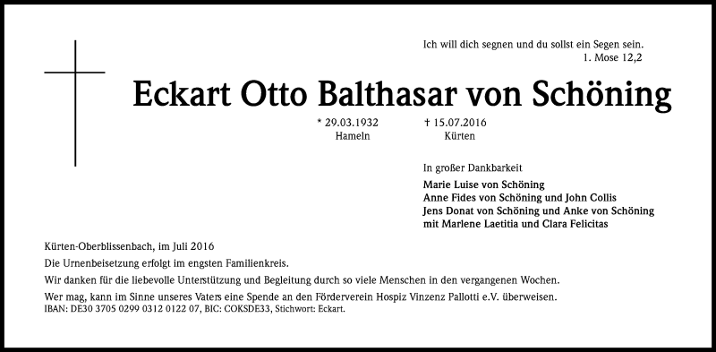  Traueranzeige für Eckart Otto Balthasar von Schöning vom 23.07.2016 aus Kölner Stadt-Anzeiger / Kölnische Rundschau / Express