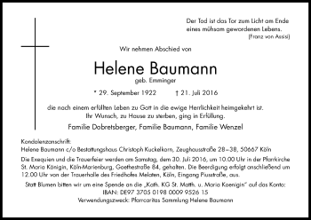Anzeige von Helene Baumann von Kölner Stadt-Anzeiger / Kölnische Rundschau / Express