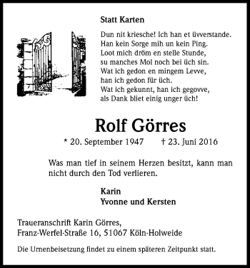 Anzeige von Rolf Görres von Kölner Stadt-Anzeiger / Kölnische Rundschau / Express