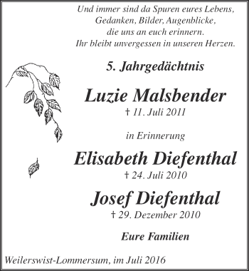 Anzeige von Luzie Malsbender, Elisabeth und Josef Diefenthal von  Blickpunkt Euskirchen 