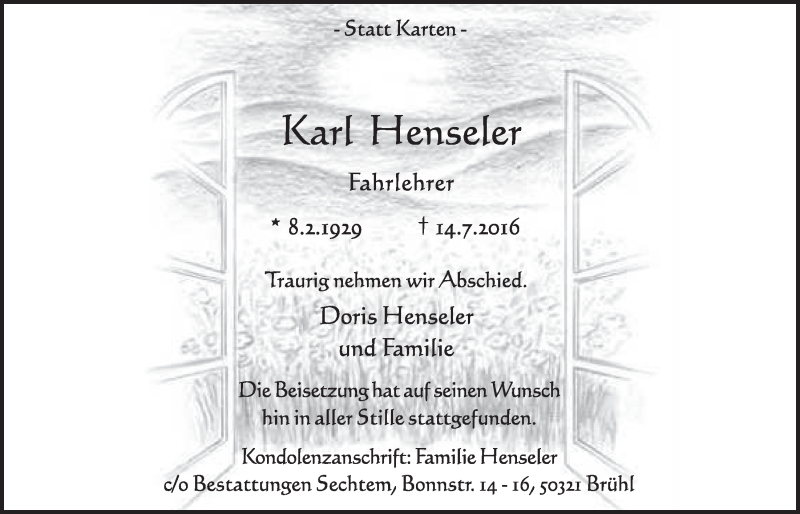  Traueranzeige für Karl Henseler vom 27.07.2016 aus  Schlossbote/Werbekurier 