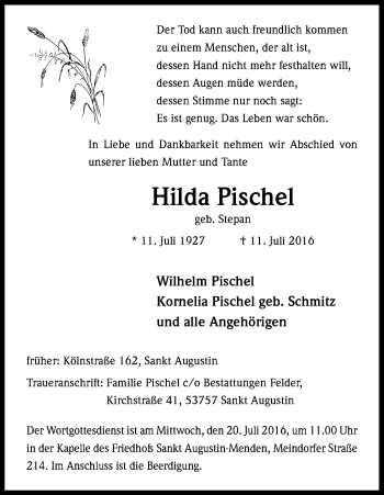 Anzeige von Hilda Pischel von Kölner Stadt-Anzeiger / Kölnische Rundschau / Express