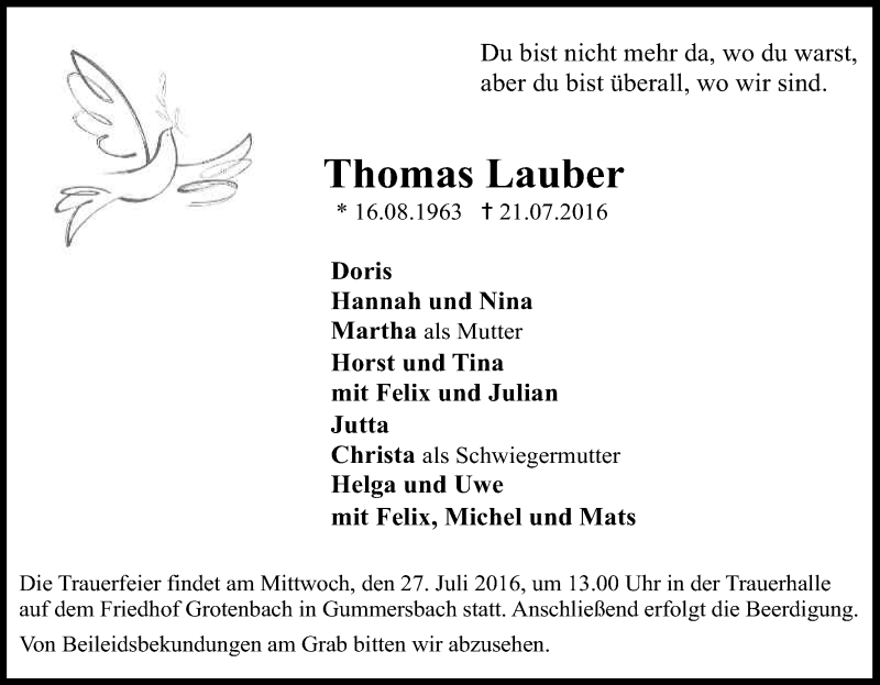  Traueranzeige für Thomas Lauber vom 26.07.2016 aus Kölner Stadt-Anzeiger / Kölnische Rundschau / Express