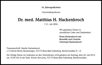 Anzeige von Matthias Hackenbroch von Kölner Stadt-Anzeiger / Kölnische Rundschau / Express