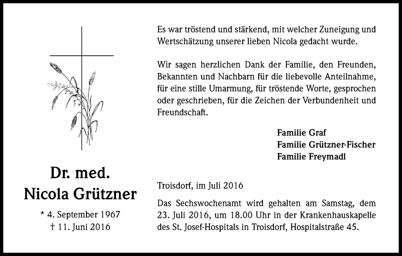  Traueranzeige für Nicola Grützner vom 19.07.2016 aus Kölner Stadt-Anzeiger / Kölnische Rundschau / Express