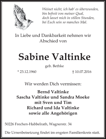Anzeige von Sabine Valtinke von  Wochenende 