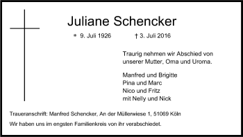Anzeige von Juliane Schencker von Kölner Stadt-Anzeiger / Kölnische Rundschau / Express