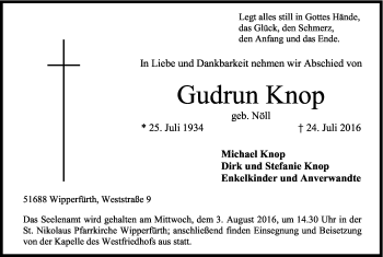 Anzeige von Gudrun Knop von Kölner Stadt-Anzeiger / Kölnische Rundschau / Express