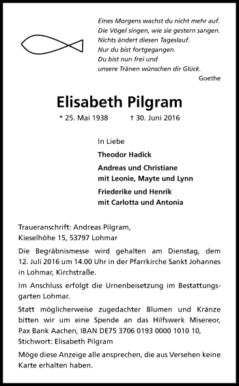 Anzeige von Elisabeth Pilgram von Kölner Stadt-Anzeiger / Kölnische Rundschau / Express