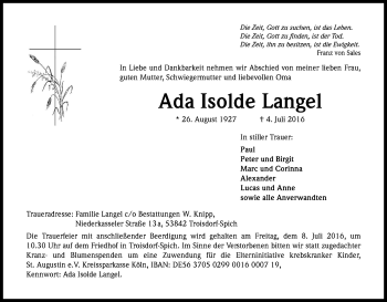 Anzeige von Ada Isolde Langel von Kölner Stadt-Anzeiger / Kölnische Rundschau / Express