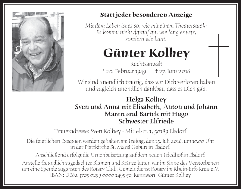  Traueranzeige für Günter Kolhey vom 06.07.2016 aus  Werbepost 