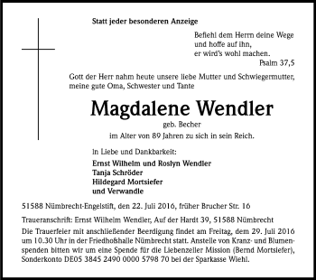 Anzeige von Magdalene Wendler von Kölner Stadt-Anzeiger / Kölnische Rundschau / Express