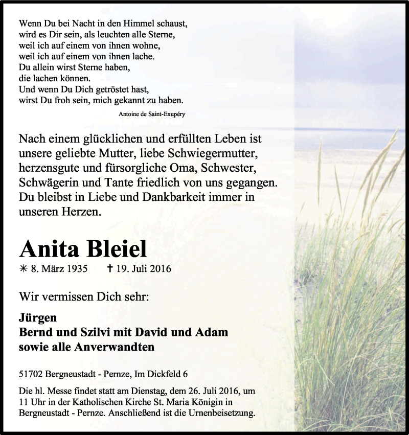  Traueranzeige für Anita Bleiel vom 23.07.2016 aus Kölner Stadt-Anzeiger / Kölnische Rundschau / Express