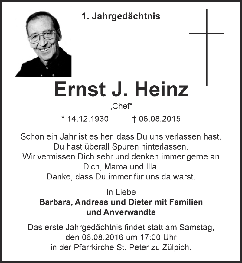  Traueranzeige für Ernst J. Heinz vom 30.07.2016 aus  Blickpunkt Euskirchen 