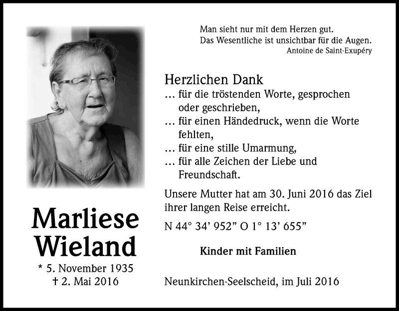  Traueranzeige für Marliese Wieland vom 02.07.2016 aus Kölner Stadt-Anzeiger / Kölnische Rundschau / Express