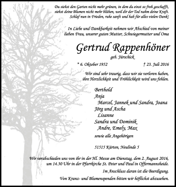 Anzeige von Gertrud Rappenhöner von Kölner Stadt-Anzeiger / Kölnische Rundschau / Express