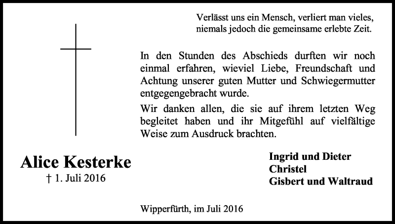  Traueranzeige für Alice Kesterke vom 20.07.2016 aus Kölner Stadt-Anzeiger / Kölnische Rundschau / Express