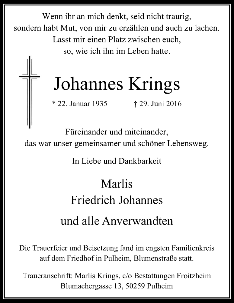  Traueranzeige für Johannes Krings vom 09.07.2016 aus Kölner Stadt-Anzeiger / Kölnische Rundschau / Express