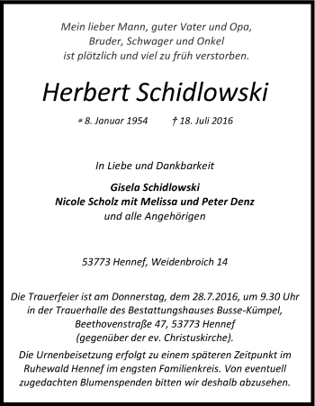 Anzeige von Herbert Schidlowski von Kölner Stadt-Anzeiger / Kölnische Rundschau / Express
