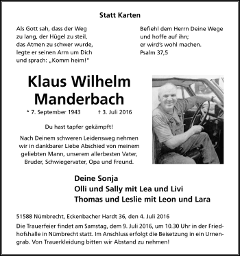 Anzeige von Klaus Wilhelm Manderbach von Kölner Stadt-Anzeiger / Kölnische Rundschau / Express