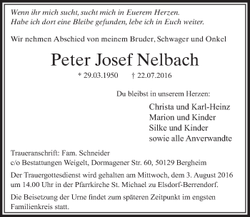 Anzeige von Peter Josef Nelbach von  Sonntags-Post 