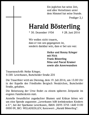 Anzeige von Harald Bösterling von Kölner Stadt-Anzeiger / Kölnische Rundschau / Express