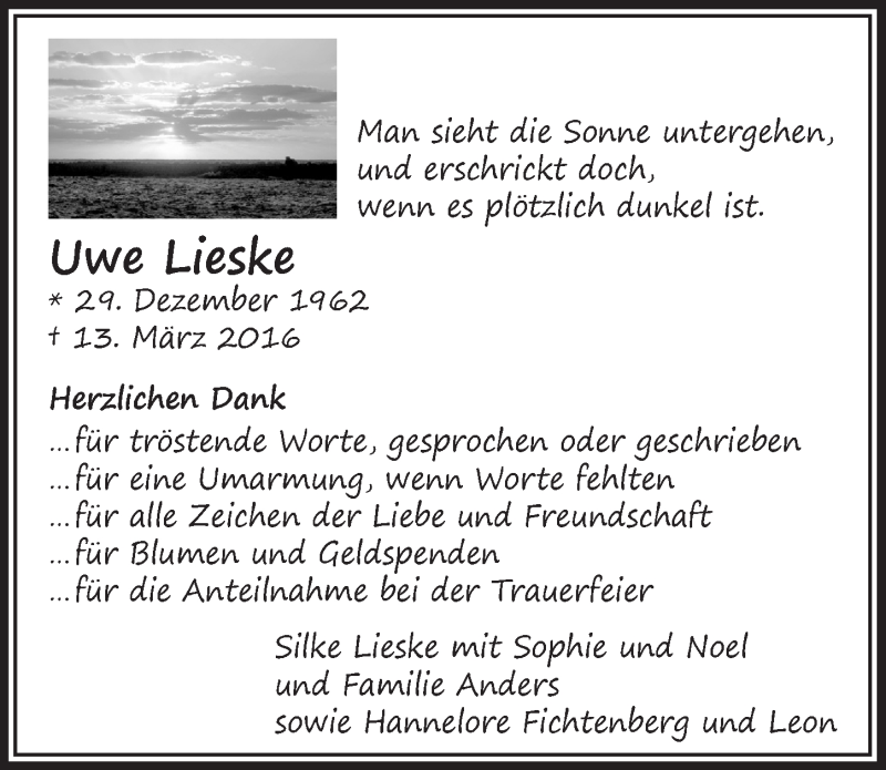  Traueranzeige für Uwe Lieske vom 27.07.2016 aus  Anzeigen Echo 