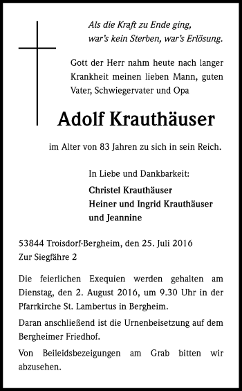 Anzeige von Adolf Krauthäuser von Kölner Stadt-Anzeiger / Kölnische Rundschau / Express
