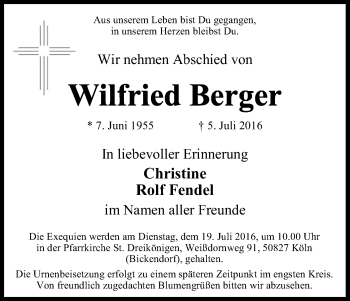Anzeige von Wilfried Berger von Kölner Stadt-Anzeiger / Kölnische Rundschau / Express