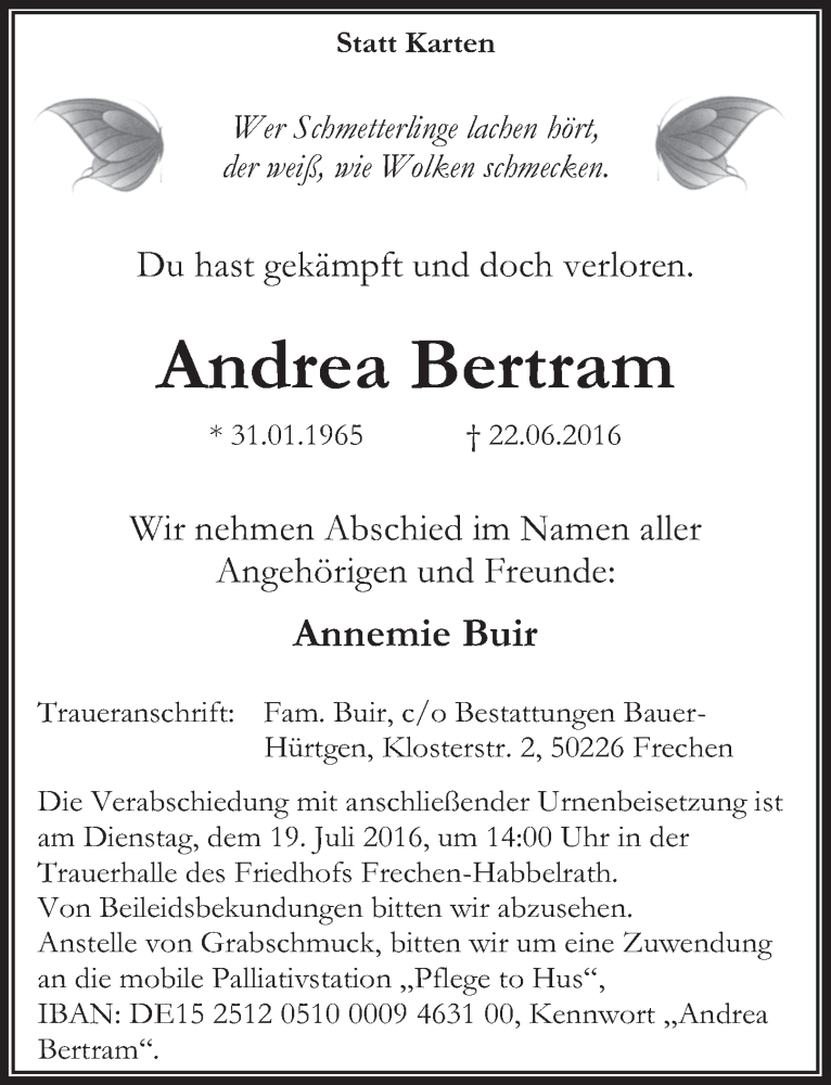  Traueranzeige für Andrea Bertram vom 13.07.2016 aus  Wochenende  Werbepost 