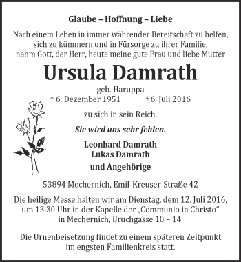 Anzeige von Ursula Damrath von  Blickpunkt Euskirchen 