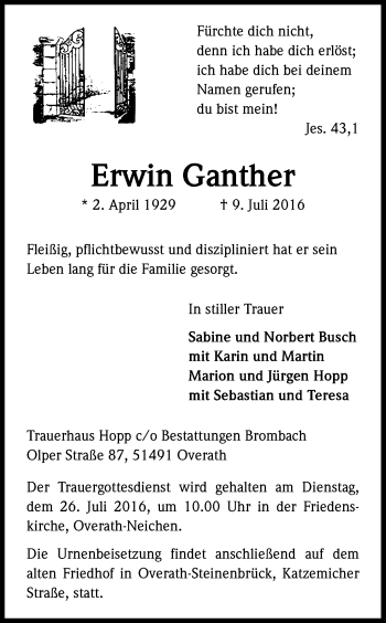 Anzeige von Erwin Ganther von Kölner Stadt-Anzeiger / Kölnische Rundschau / Express